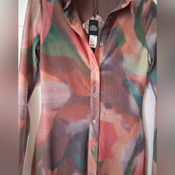 Fashionova Tied Died Mesh Button Down Long Sleeve Dress. Small NWT - Picture 3 of 9